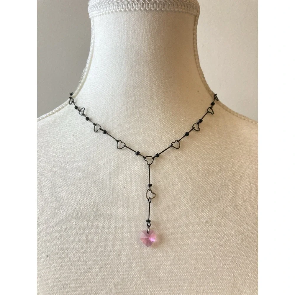 Black Wire Heart Choker Necklace Pink Faceted Heart Charm Y Drop Gothic‎ Dainty